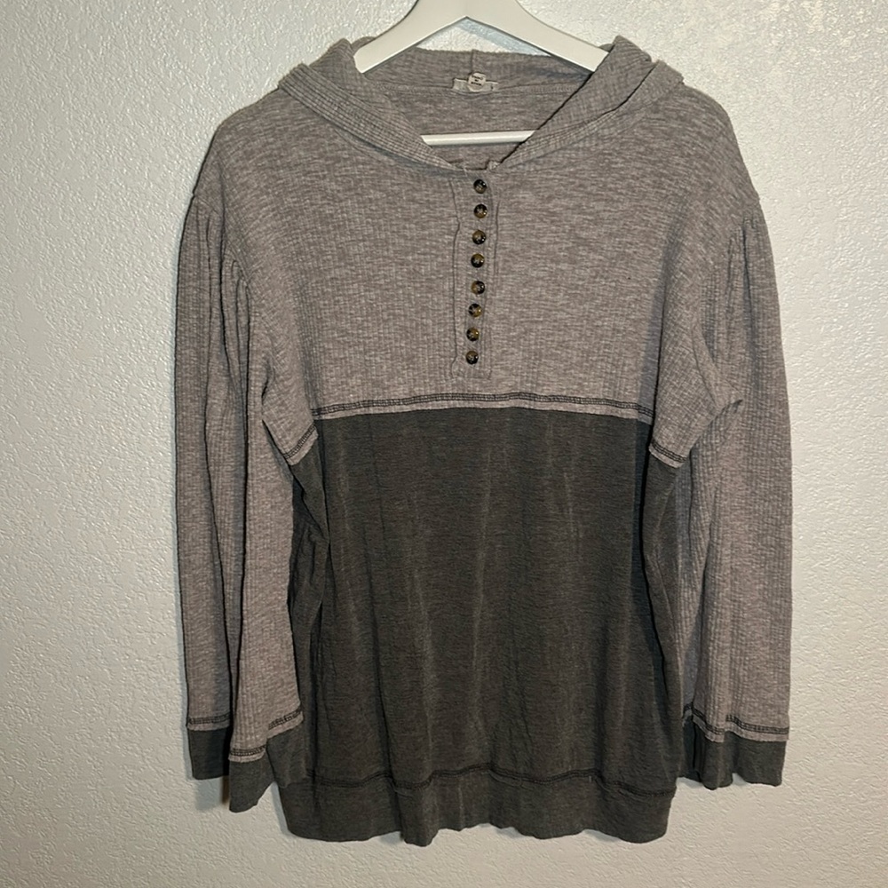 Anthropologie POL Henley Oversized Mixed Media Hooded Top Size Small